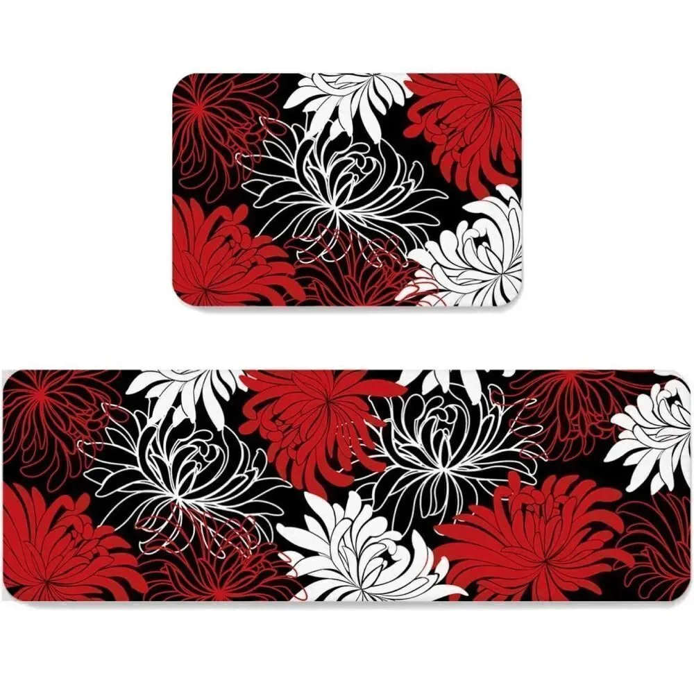 COPY - 2 Piece Non-Slip Waterproof Kitchen Runner Mat Set, Chrysanthemum Flower
